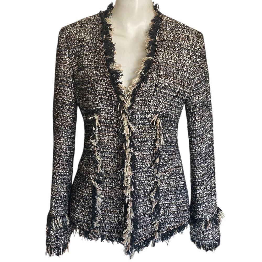 BOSTON PROPER Parisian Tweed Blazer Jacket Bronze Chain Sequins Size 6